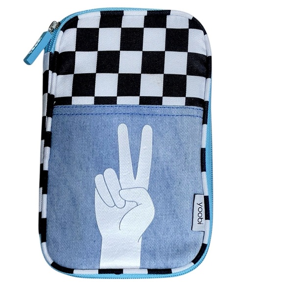 Yoobi Peace Sign Denim Checkerboard Organizer Pencil Case 7 Pocket Zip Around - Picture 1 of 15